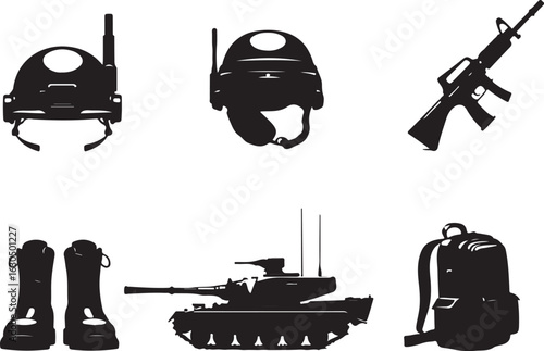 Military gear icons: helmets, rifle, boots, tank, backpack