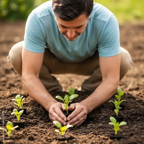 A person planting seedlings in a garden.