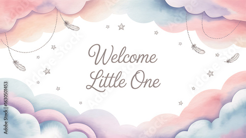 Soft watercolor clouds frame a welcome little one message watercolor background