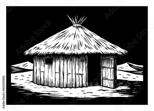 Isolated simple rustic thatched hut dwelling in vast desert Black and White Outline Line Art Drawing