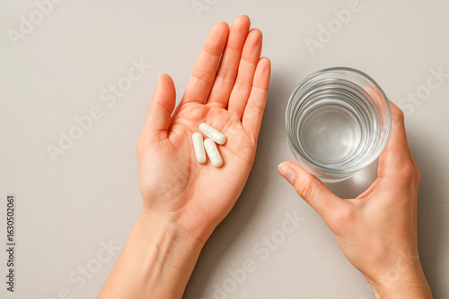 High resolution, ultra realistic photo of a woman’s hands holding three white capsules and a clear glass of water on a beige background. Clean, minimalistic layout ideal for supplement, vitamin ads