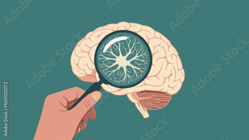 A hand holds a magnifying glass over a brain, revealing a neuron, symbolizing the exploration of neurology and cognitive function
