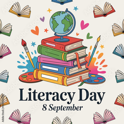 Celebrate literacy day with books and a globe illustration