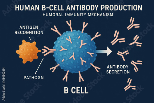 Human B-Cell Antibody Production: Humoral Immunity Mechanism, Illustration