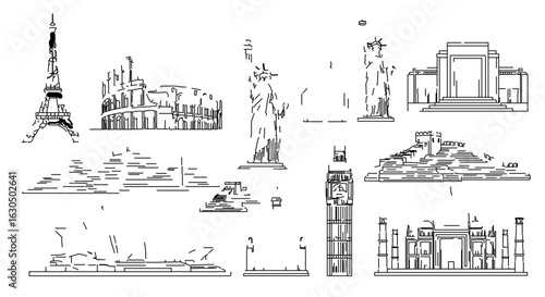 World landmarks drawing eiffel tower colosseum statue of liberty big ben taj mahal travel destinations sketch