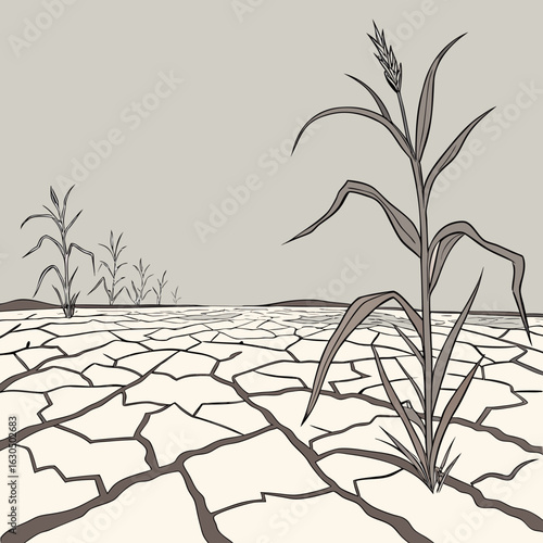 Drought and Dry Cracked Soil with Failing Crops – Climate Change Vector Illustration