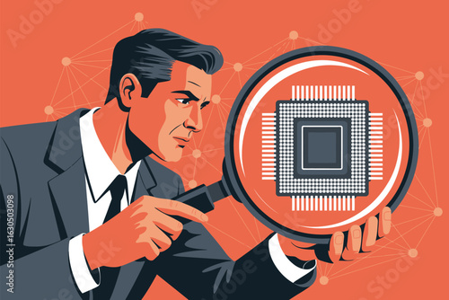 A businessman uses a magnifying glass to examine a microchip, representing technological research and development