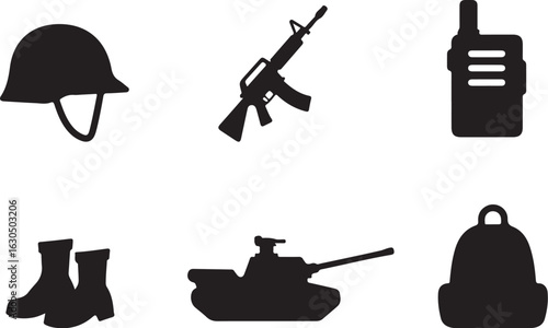 Military icons helmet, rifle, radio, boots, tank, backpack