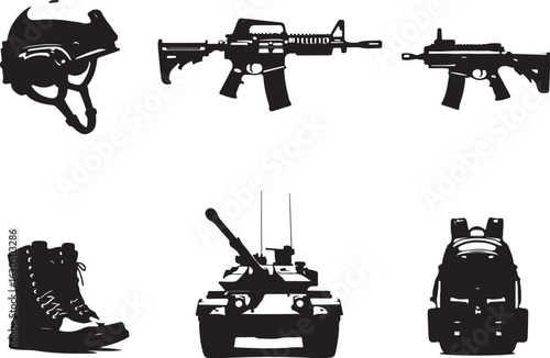 Military gear silhouettes: helmet, rifle, tank, boot, backpack