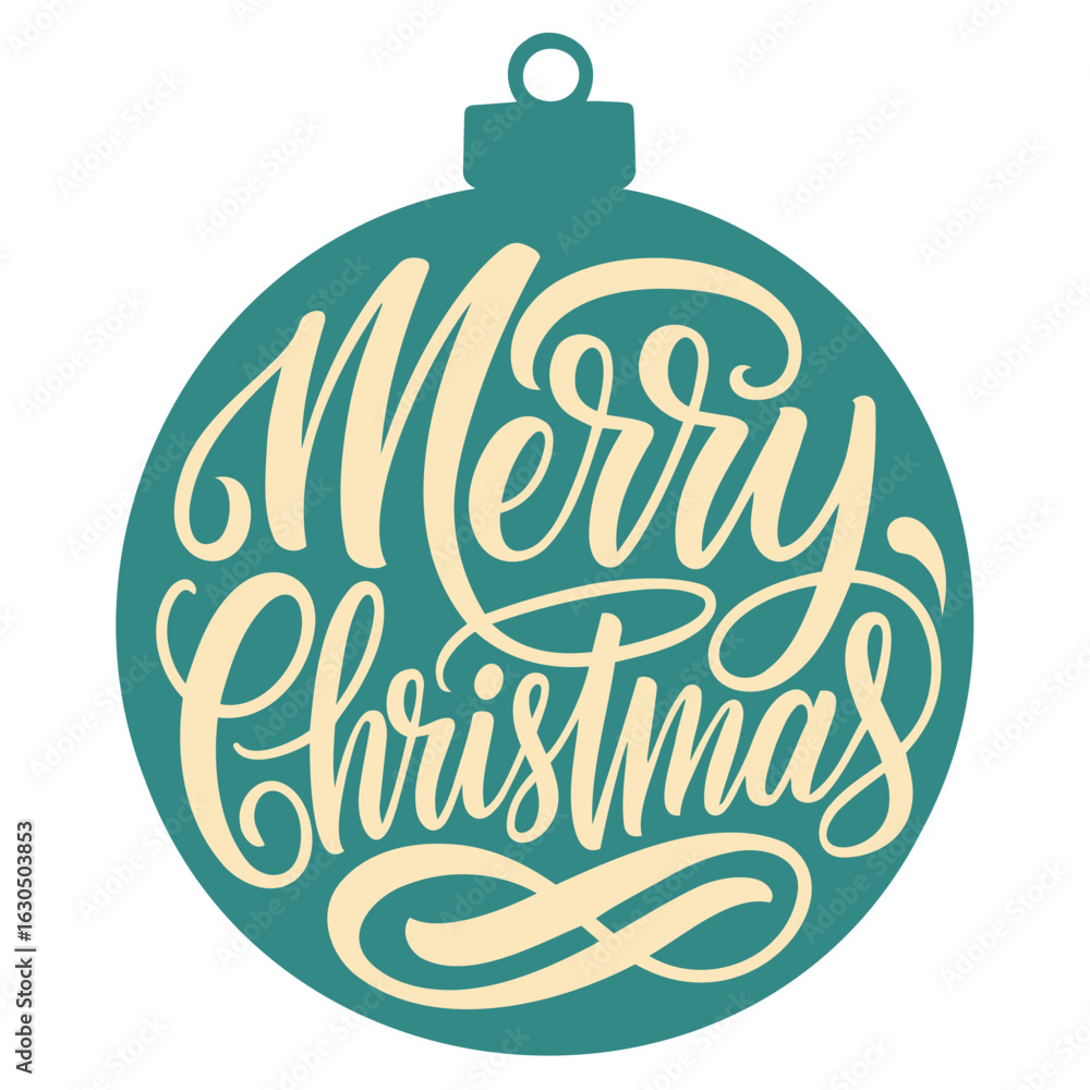 Obraz premium A teal christmas ornament with a beige merry christmas message in a decorative cursive font design style