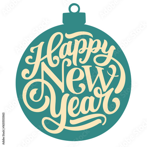 Happy new year text inside a turquoise christmas ornament with a circular top on a white background