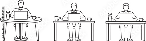 Line art illustration of people working on laptops at various desks office setting work from home employee productivity