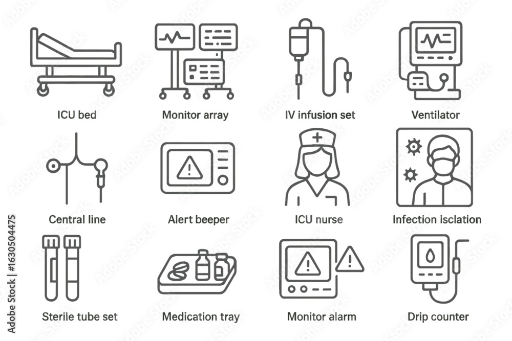 Fototapeta premium Medical equipment icons for icu care and hospital isolation procedures