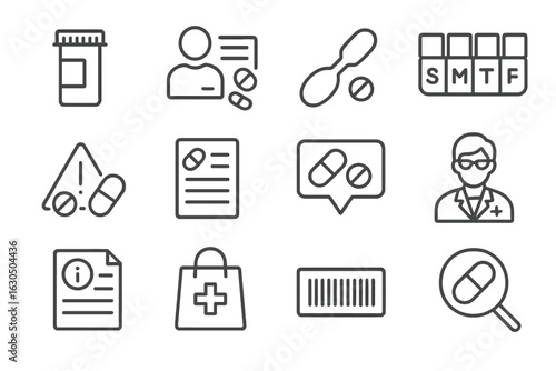 Medicinal icons: prescription, doctor, pharmacy, pills, treatment, alert signs