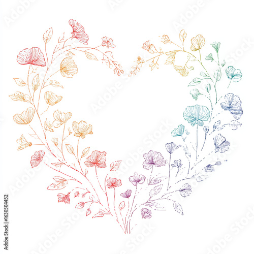Floral Heart Illustration with Rainbow Gradient Colors Delicate Flower Design for Valentines Day Wedding Invitation Card Graphic