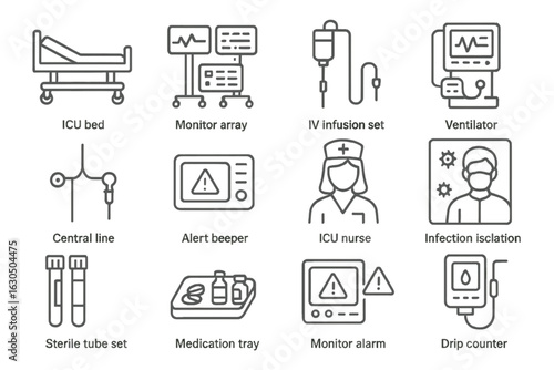 Medical equipment icons for icu care and hospital isolation procedures