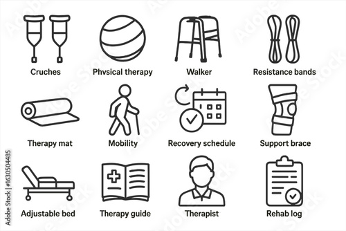 Physical therapy tools and resources icons for recovery and rehabilitation