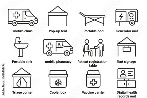 Medical equipment icons: mobile clinic, triage, registration table, tent signage