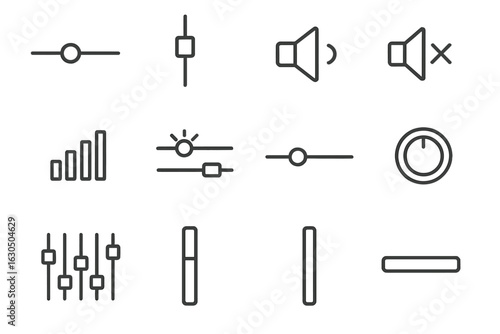 Set of dark audio and control icons with volume and adjustment symbols