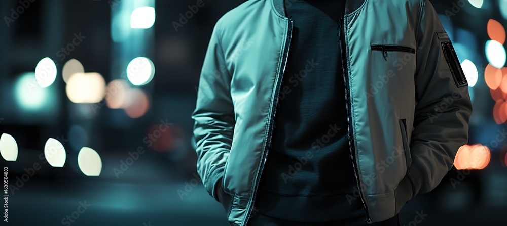© Huzaifa - Man in bomber jacket at night urban fashion street style outerwear clothing apparel trendy casual wear