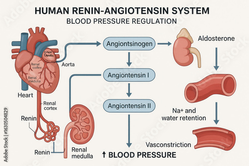 Human Renin-Angiotensin System for Blood Pressure Regulation - Illustration