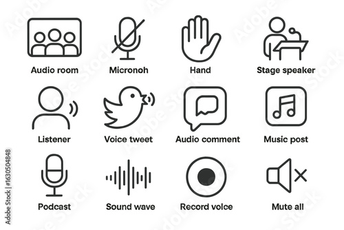 Audio features: podcast, voice tweet, music post, record, mute, hand sign
