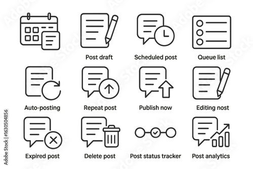 Social media management icons: scheduling, posting, analytics, calendar
