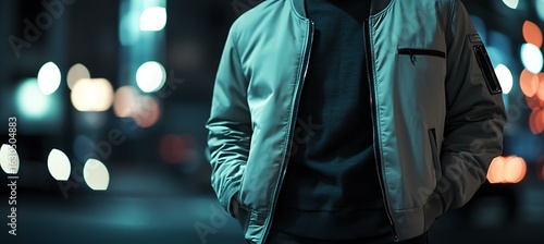 Man in bomber jacket at night urban fashion street style outerwear clothing apparel trendy casual wear