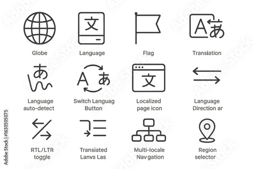 Ui language and navigation icons for web and app interfaces