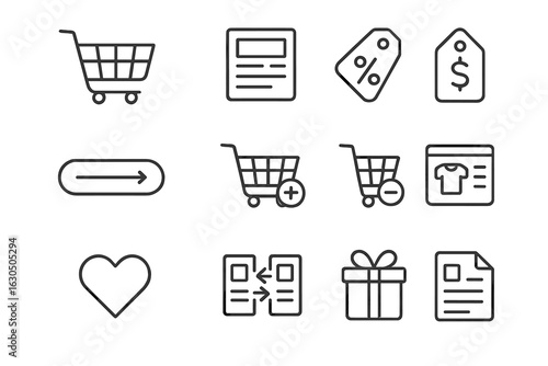 E-commerce icons: cart, tags, heart, gift box, document, shopping interface