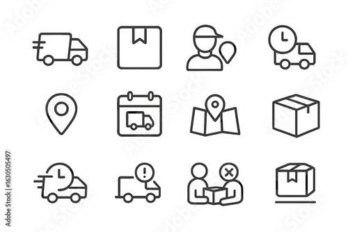 Delivery and shipping icons set featuring trucks, packages, and location symbols