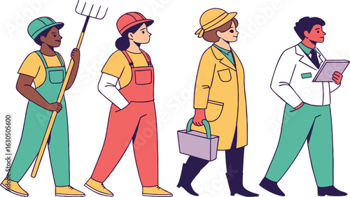 Diverse group of four people in work uniforms with tools and equipment on a white background vector illustration