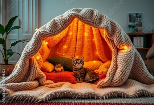 Cozy blanket fort built by a feline companion in a modern living room,  pillows,  stylish