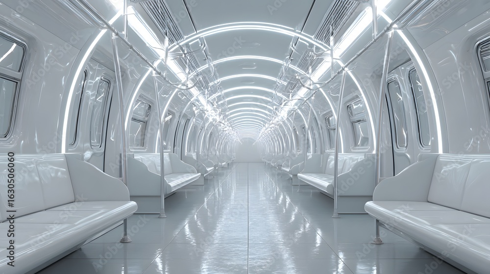 Obraz premium Empty subway train car, interior shot, futuristic look, tunnel background, mockup