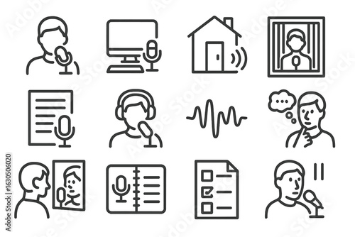 Audio and voice recognition icons for various communication concepts