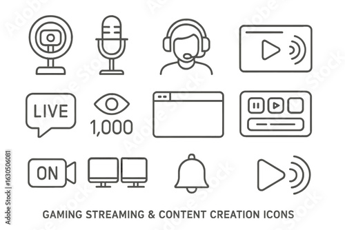 Gaming streaming and content creation icon set on metallic background