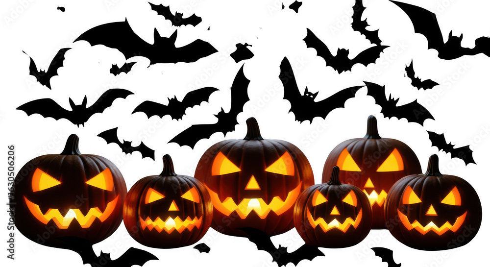 Fototapeta premium Group of glowing carved halloween pumpkins isolated on transparent background