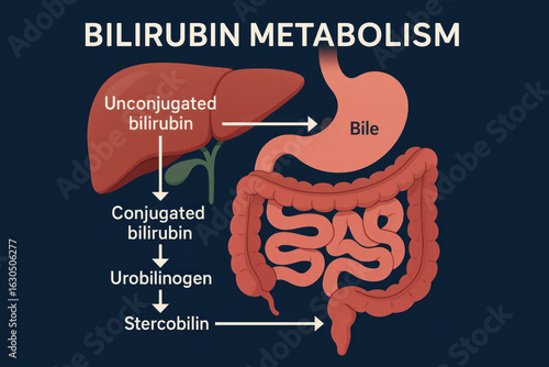 Bilirubin Metabolism Diagram: Liver, Bile, Intestines - Illustration