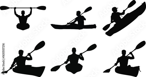 Kayak silhouette vector set with different kayaking poses, including paddling and holding paddle, perfect for sport, adventure, and outdoor design projects.