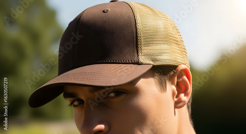 Close-up of a stylish young man wearing a blank brown and olive trucker hat outdoors on a sunny day. Excellent for brand mockups.