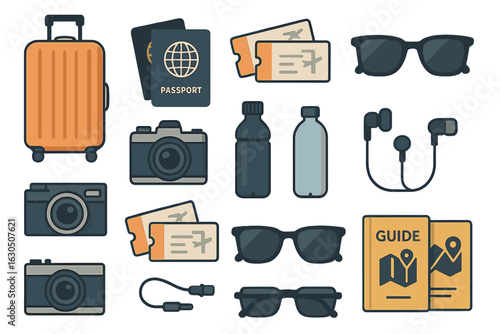Travel essentials include luggage, travel documents, and gadgets for a memorable adventure at various destinations