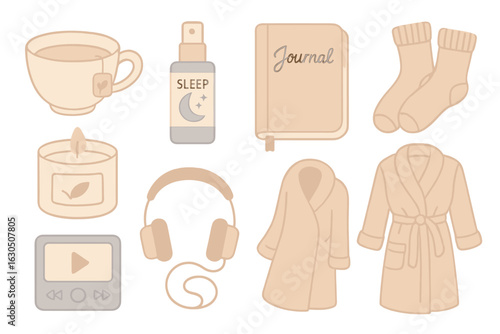 Cozy nighttime routine items including tea, candles, and soothing accessories for relaxation