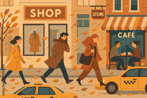 People walking on a busy street with shops and a cafe in autumn, showcasing vibrant city life
