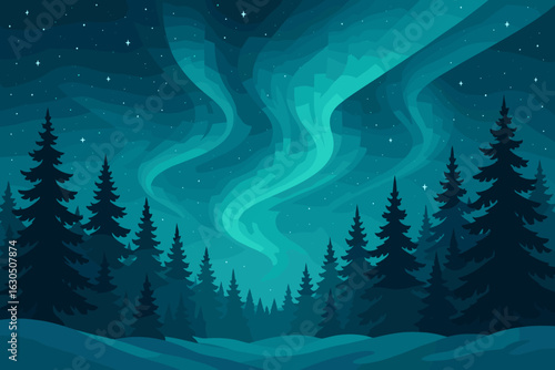 Aurora borealis illuminating a tranquil forest during a clear night sky in a remote wilderness area