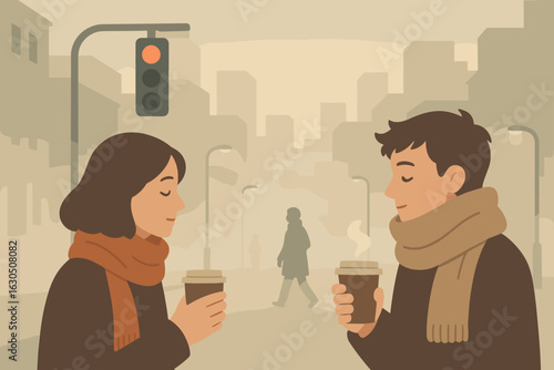 Coffee break in a foggy city street with friends enjoying warm beverages on a chilly day
