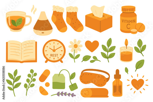 Cozy home wellness essentials for relaxation during chilly winter evenings with self-care items and herbal tea