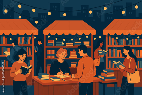Book fair at night with readers browsing and an author signing books in a vibrant, cozy atmosphere
