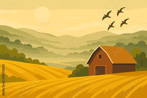 Sunset over a tranquil farm with a red barn, golden fields, and flying birds in a serene rural landscape