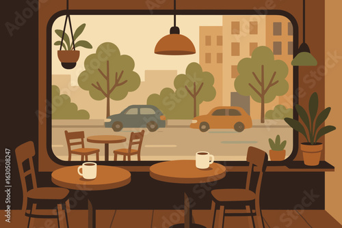 Cozy cafe interior with warm tones and a view of street traffic and greenery on a sunny day