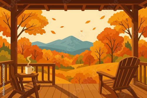 Cozy autumn view from a porch with mountains and colorful foliage in the background showcasing warm seasonal colors